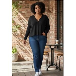 NEW OGL Black Ribbed Knit V-Neck Long Sleeve Split Front Top Size 2XL Minimalist